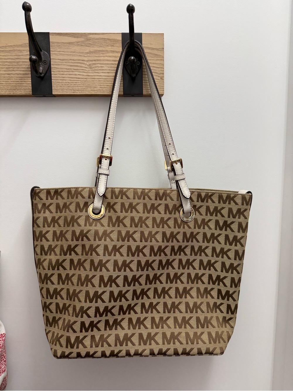 Michael Kors Brown MK Monogram Tote with Cream Straps